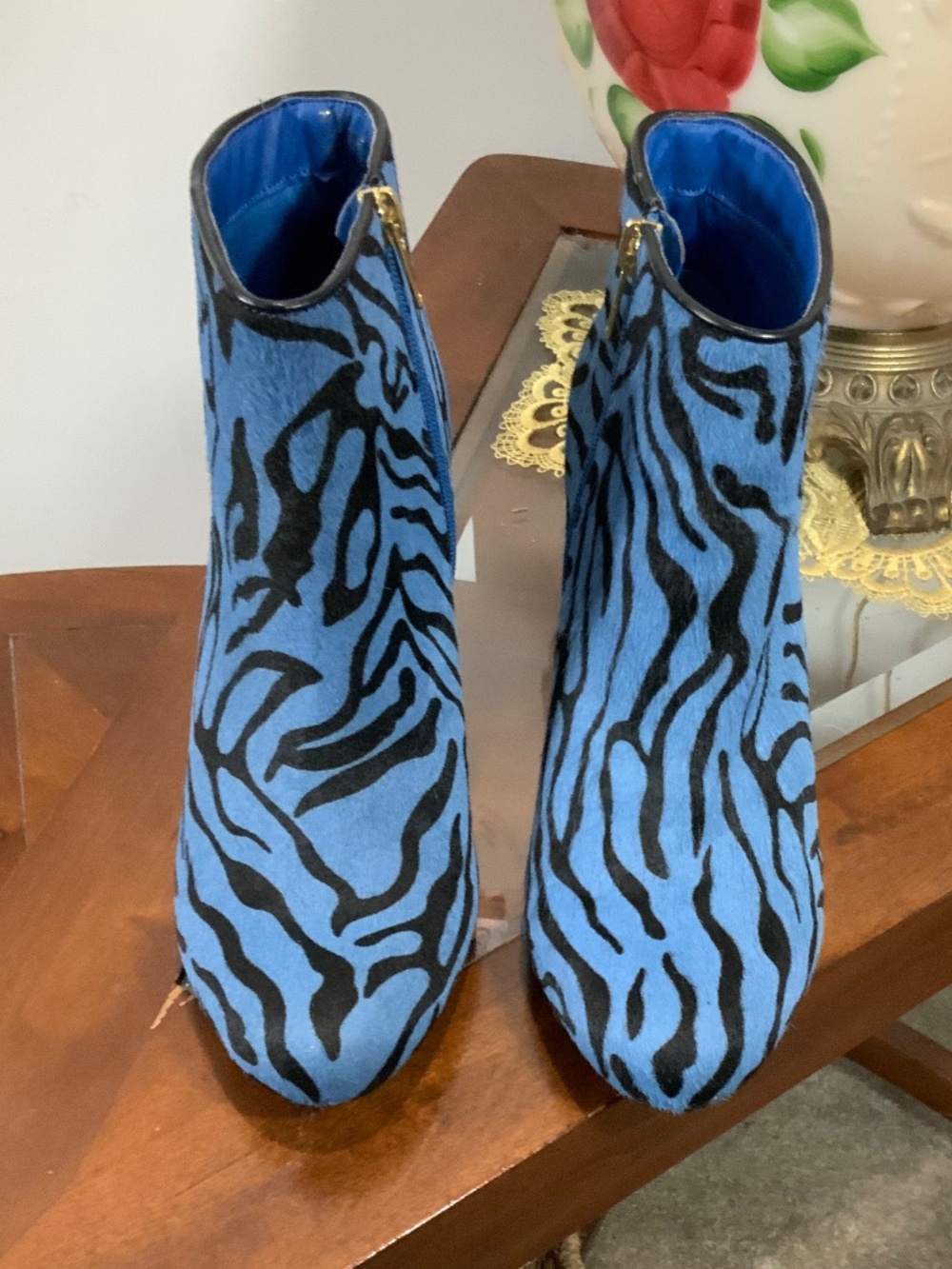 Blue Zebra Genuine Leather Ankle Boots 8 Y2K Funky Animal Print Booties Theme - Picture 3 of 9